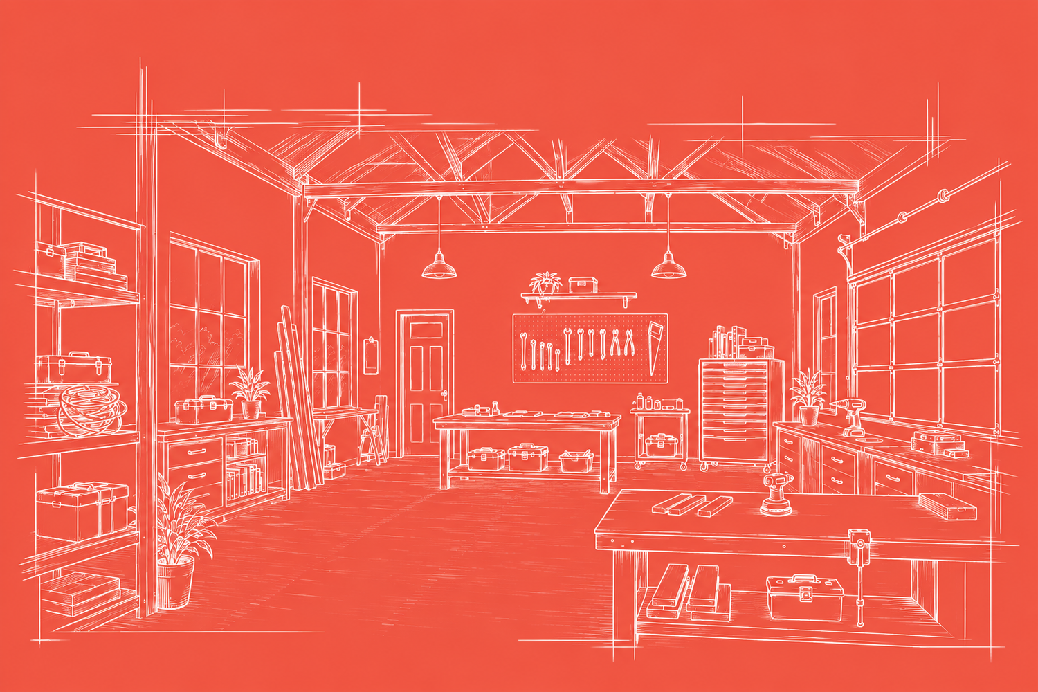 A red-orange sketch-style illustration of an interior workshop or garage with shelves, tools, windows, and a table in the foreground, rendered in fine white linework over a solid warm red background.